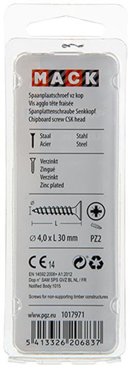 Mack 1017971 - spaanplaatschroef vz kop geelverz. 60st 4,0 x 30 mm | 5 stuks