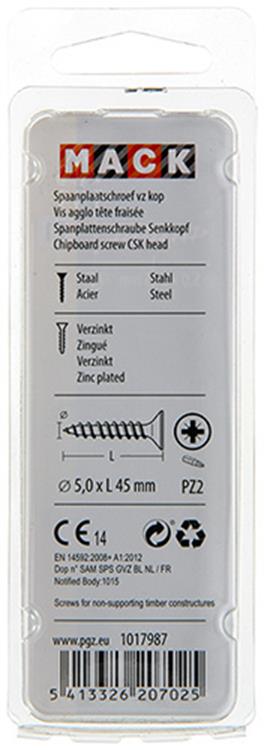 Mack 1017987 - spaanplaatschroef vz kop geelverz. 27st 5,0 x 45 mm | 5 stuks