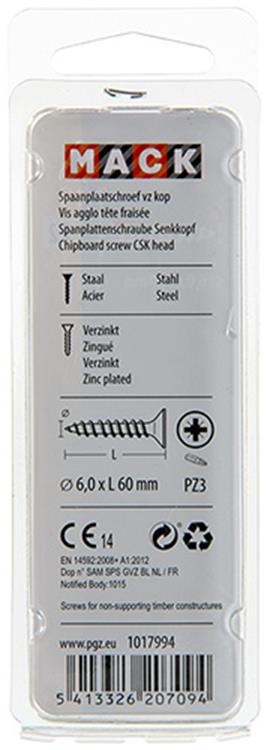 Mack 1017994 - spaanplaatschroef vz kop geelverz. 16st 6,0 x 60 mm | 5 stuks