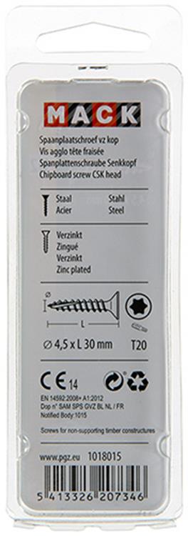 Mack 1018015 - spaanplschr.vzkop-zelfb. geelverz. 45 st 4,5 x 30 mm | 5 stuks