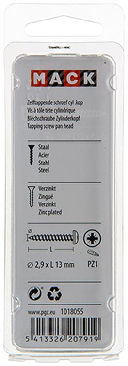 Mack 1018055 - zelftappende schroef cylkop verz.100 st 2,9 x 13 mm | 10 stuks