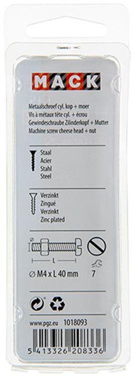 Mack 1018093 - metaalschroef cyl. kop + moer verz. 34 st m4 x 40 mm | 5 stuks