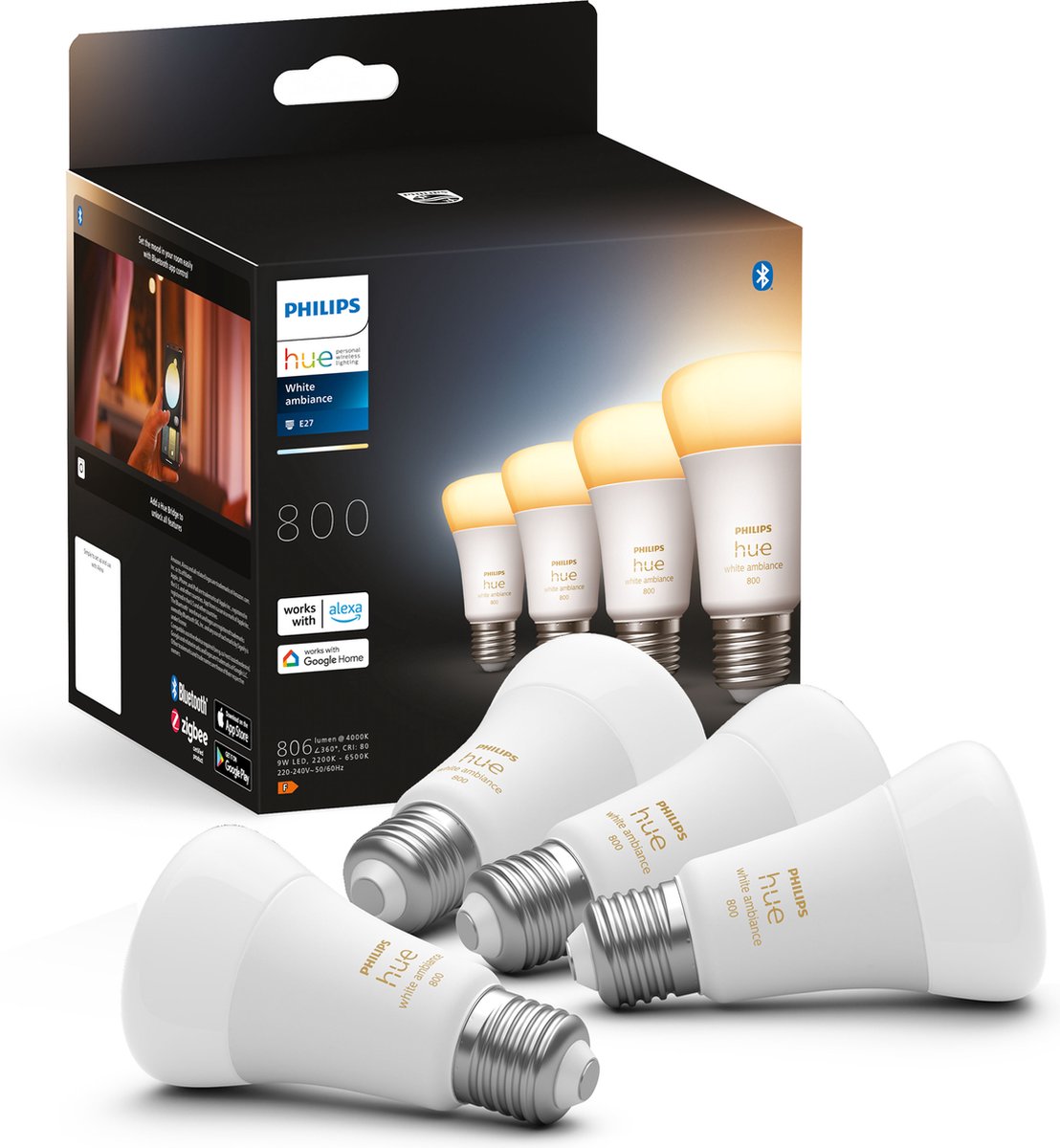 Philips hue lampen - warm tot koelwit licht - e27 - 800 lumen - bluetooth - 4 stuks