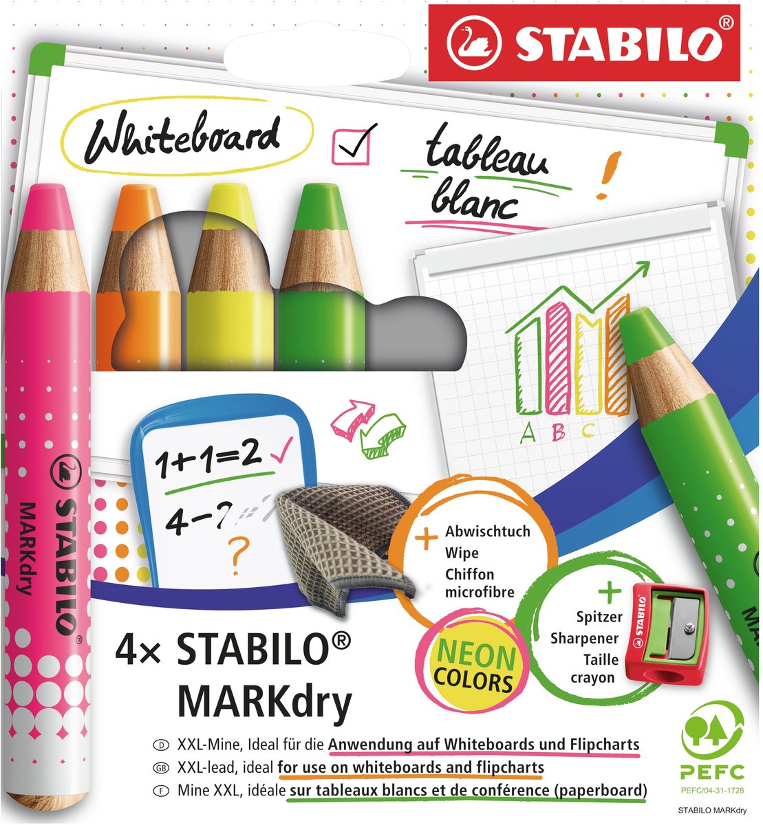 Stabilo markdry neon set van 4 whiteboard potloden, puntenslijper en reinigingsdoekje