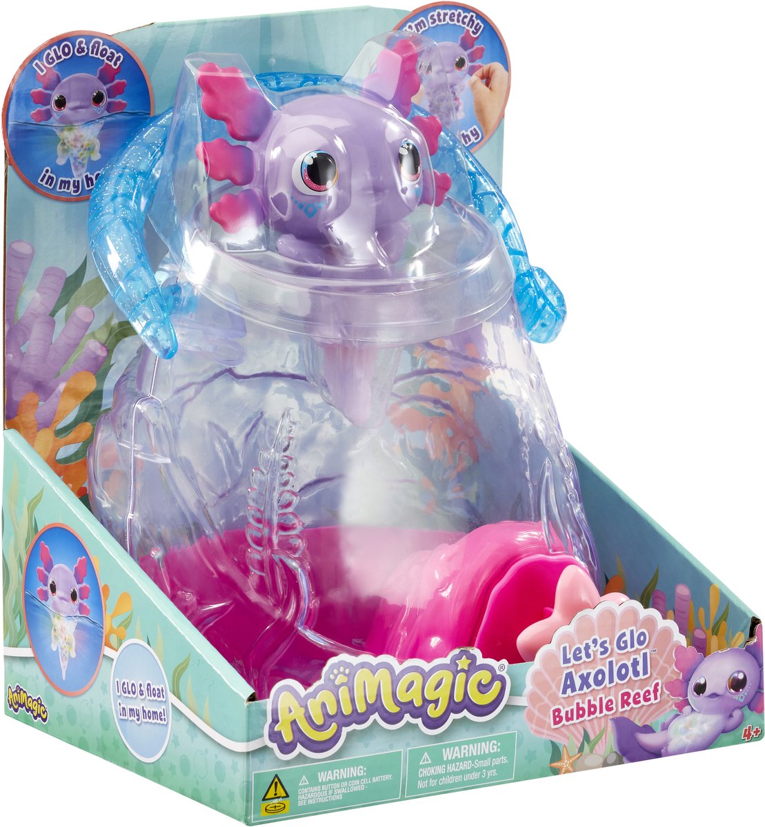 Goliath animagic let's glo axolotl aquarium - speelfiguur - lichtgevende axolotl - met eigen aquarium
