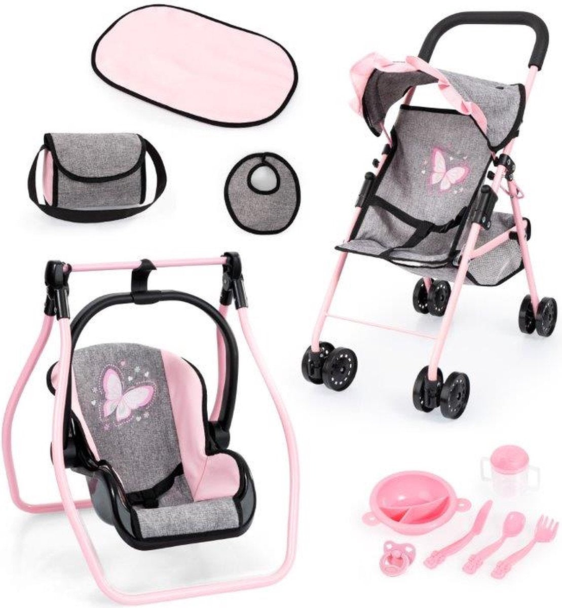 Bayer design opvouwbare poppenbuggy, poppenwagen, dubbele wielen, tas, aankleedkussen, wieg, accessoires in jeans-grijs, roze