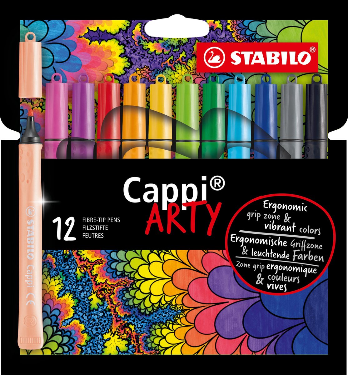 Stabilo cappi - viltstift - nooit meer je dop kwijt dankzij de dopring - arty etui met 12 kleuren + 1 dopring