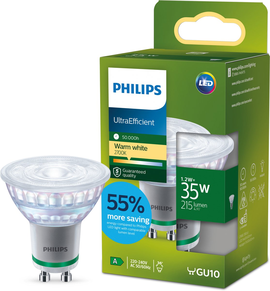 Philips led philips ultraefficient led spot - 35w - gu10 fitting - warmwit licht: 2700k - verbruikt slechts 1.2 watt - bespaar op energiekosten