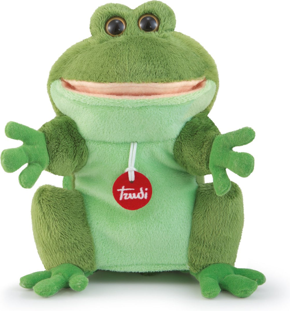 Trudi - puppets handpop kikker 28 cm - handgemaakt in italie - zacht pluche - knuffeldier voor jongens en meisjes - groen - 19x23x15 cm maat s