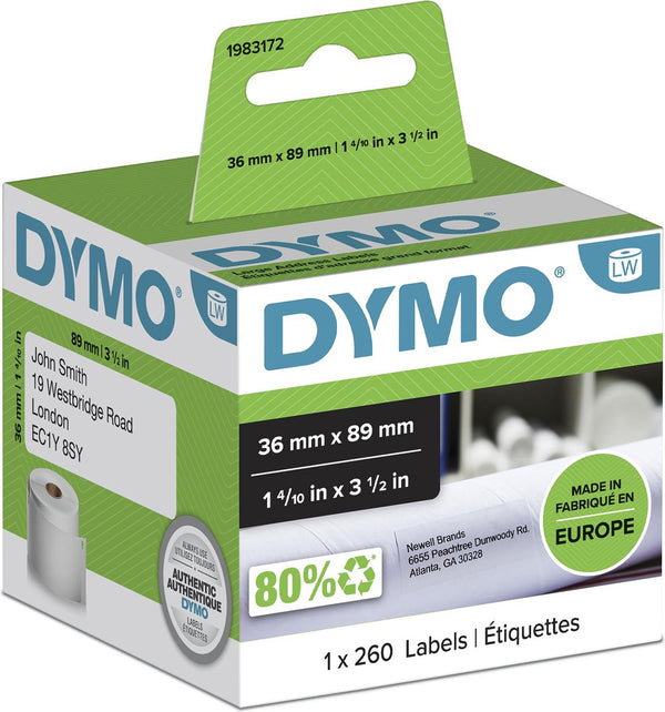 Adresetiketten dymo lw 89x36mm wit rechthoekig rol 260 stuks