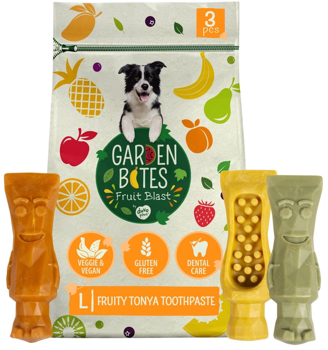 Garden bites duvoplus - fruity tonya toothpaste hondensnacks - hondensnoepjes - vegetarisch glutenvrij - large 3st