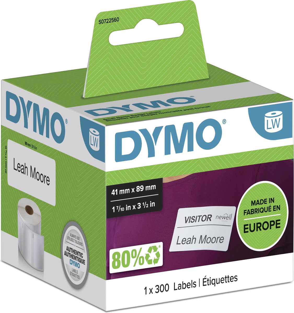 Dymo originele labelwriter kleine naambadgelabels | 41 mm x 89 mm | zelfklevend | rol van 300 gemakkelijk te verwijderen labels | voor de labelwriter labelprinters | gemaakt in europa