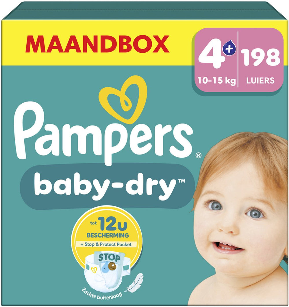 Pampers baby-dry maat 4+ - extra absorptie - 198 luiers - 10kg-15kg