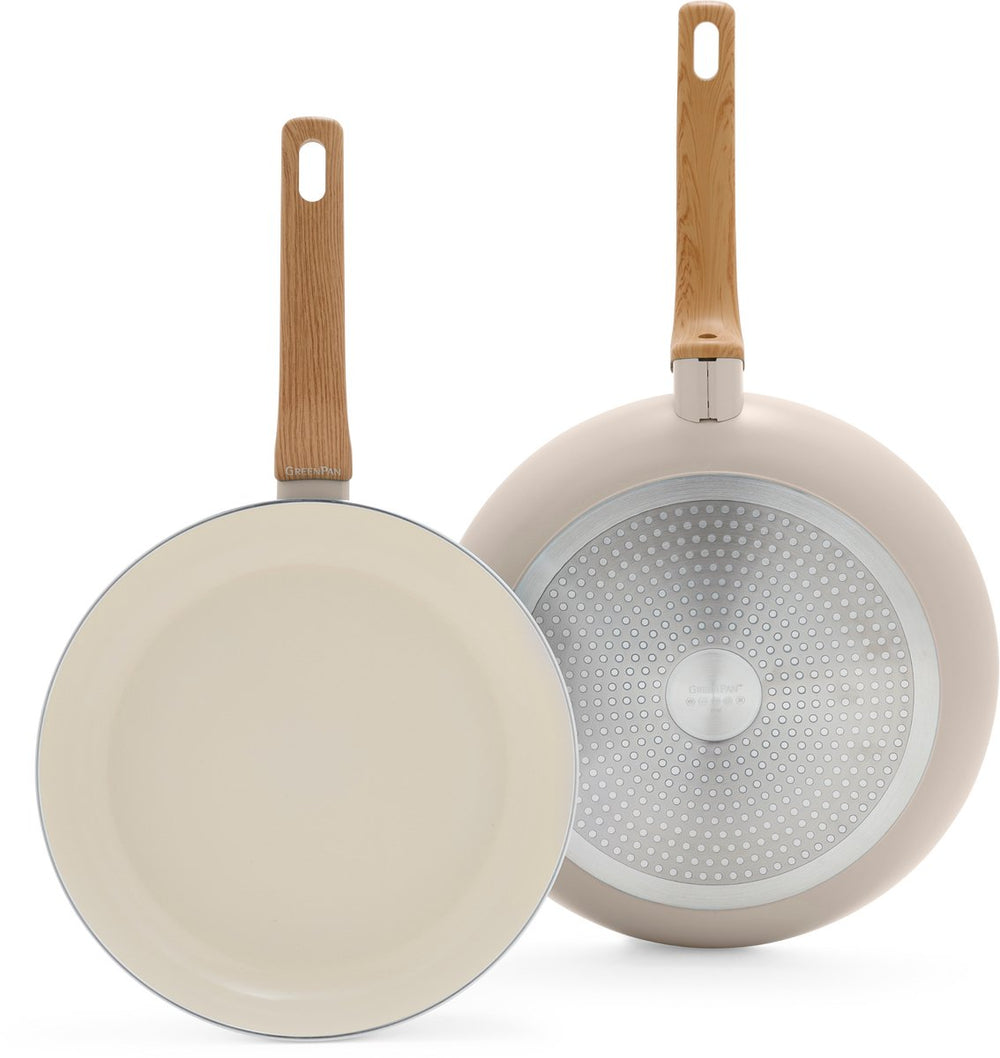Greenpan essence koekenpannenset 2-delig - 26 30cm - pfas-vrije antikleeflaag - pannenset inductie - keramische pan - ovenbestendig tot 160°c - houteffect handgrepen - koudgrepen - taupe