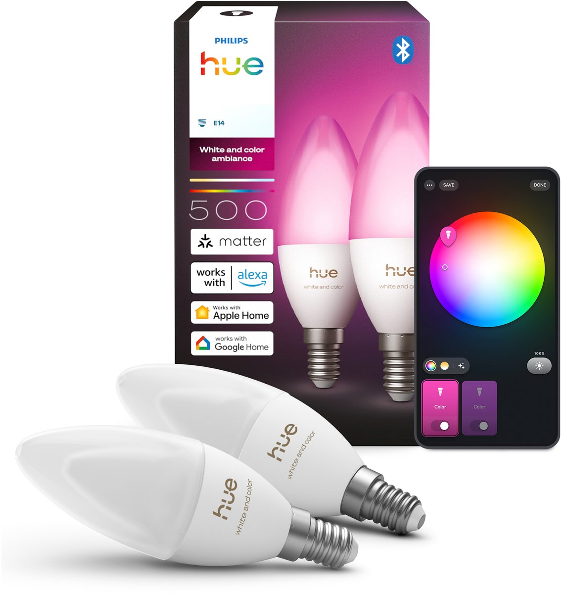 Philips hue led kaarslamp - e14 fitting - bevat 2 lampen - aanpasbaar wit en gekleurd licht - slimme verlichting