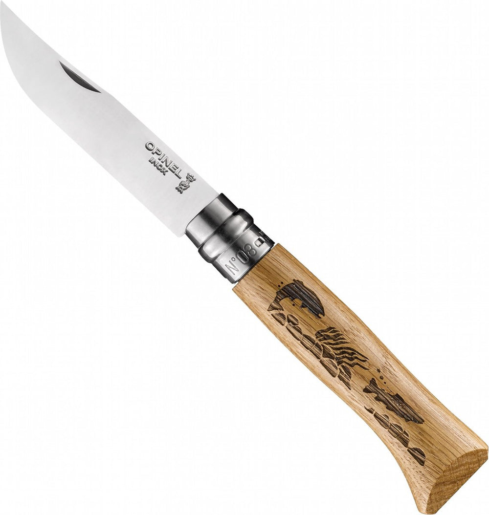 Opinel no.08 trout engraved zakmes rvs hout