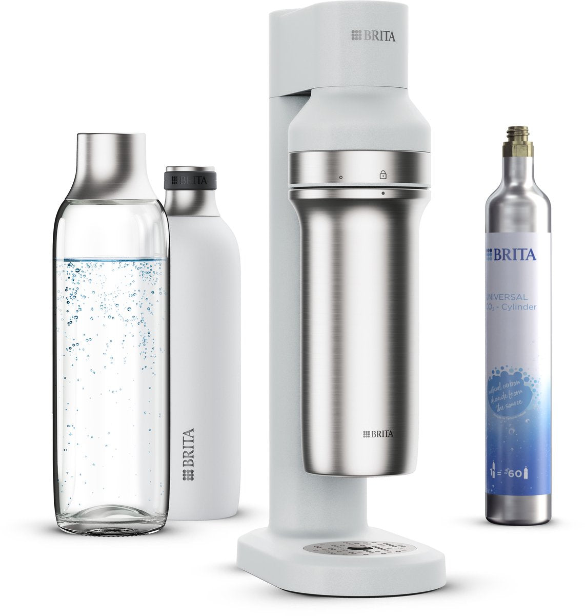 Brita - sodatrio - bruiswatertoestel - soda - wit - incl. 1 flesvoet, 1 co2 cilinder, 1 glazen fles, 1 kleine rvs fles