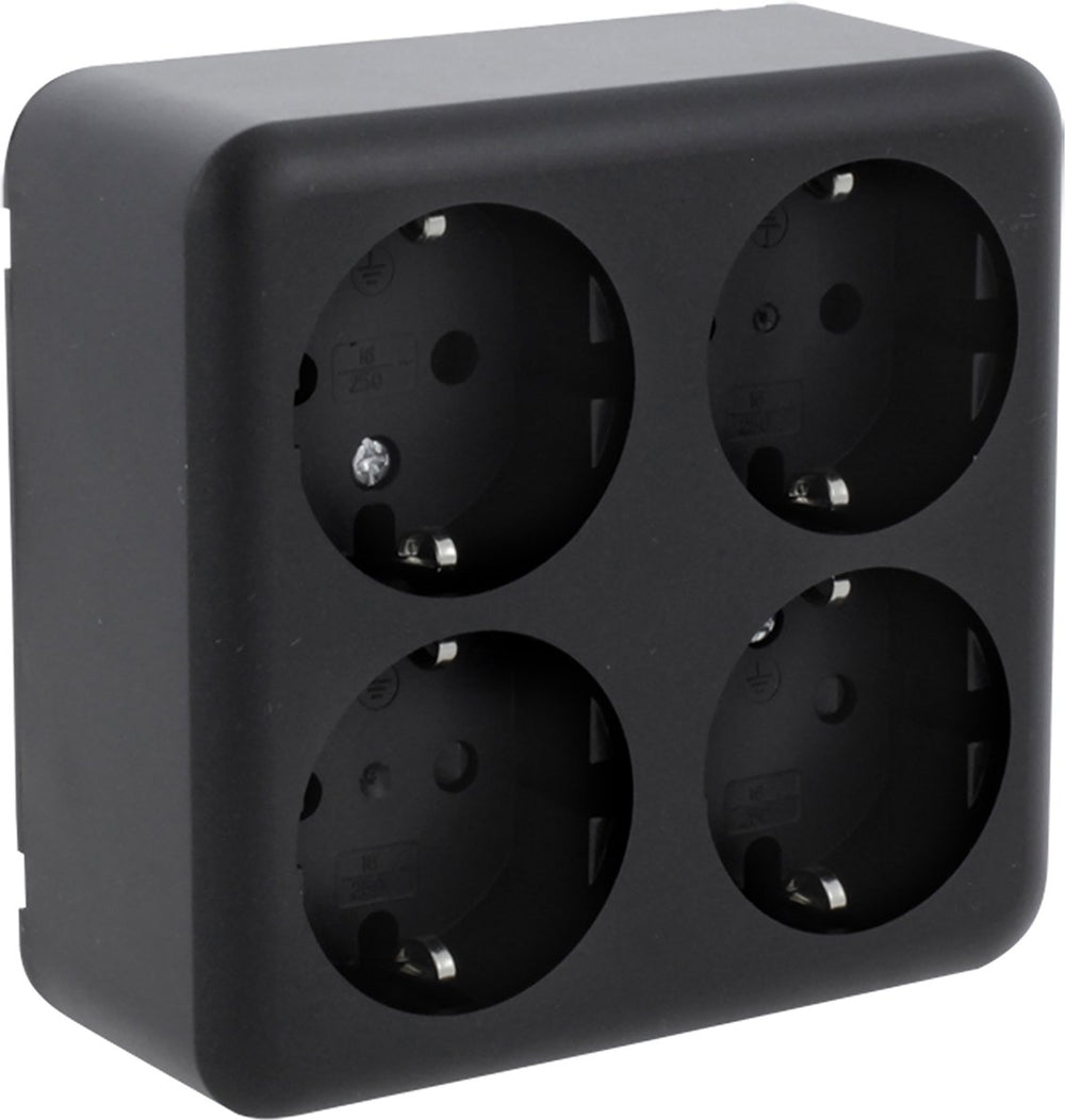 Q-link - wandcontactdoos - opbouw - 4-voudig stopcontact - randaarde - kinderbeveiliging - mat zwart