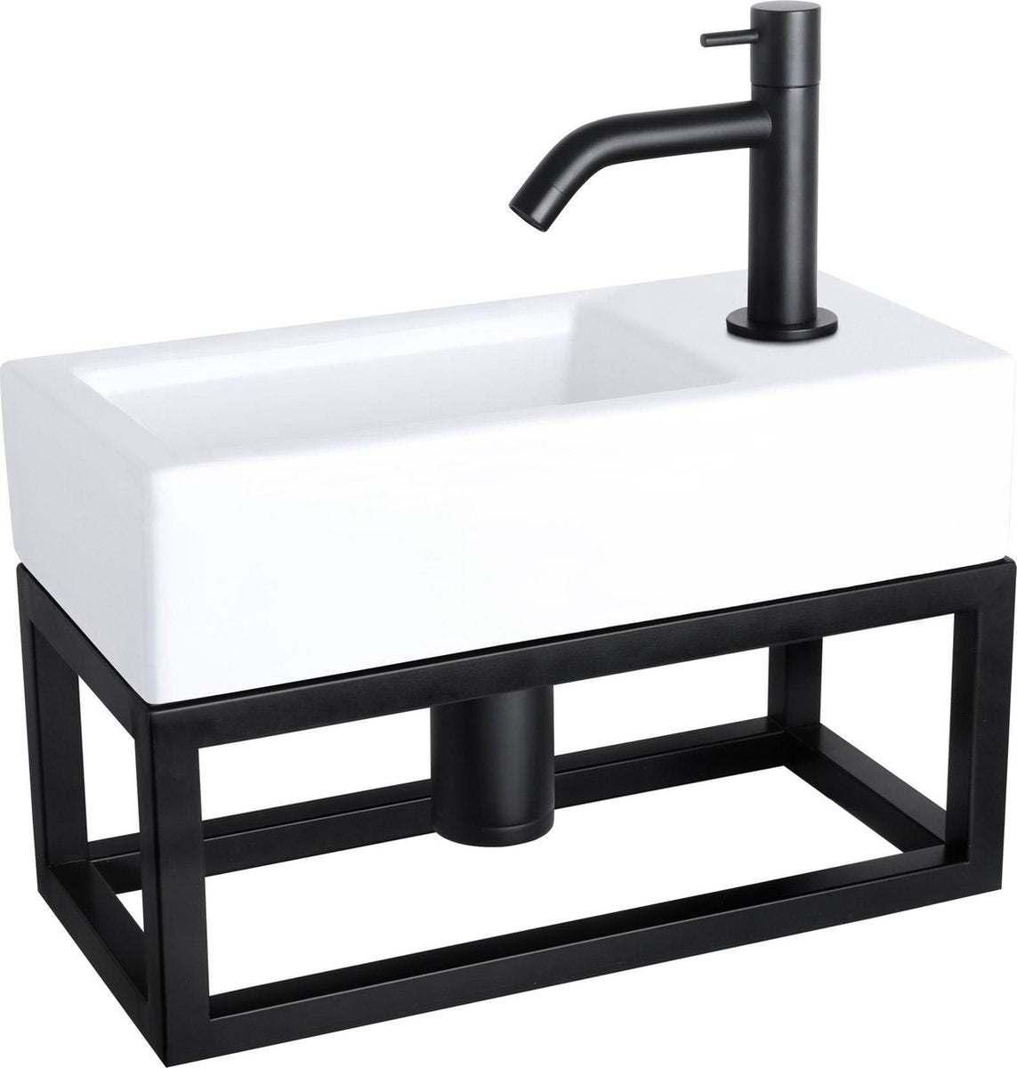 Differnz ravo fonteinset - 38.5x18.5x25cm - rechthoek - 1 kraangat - gebogen matte zwarte kraan - met zwart frame - keramiek wit