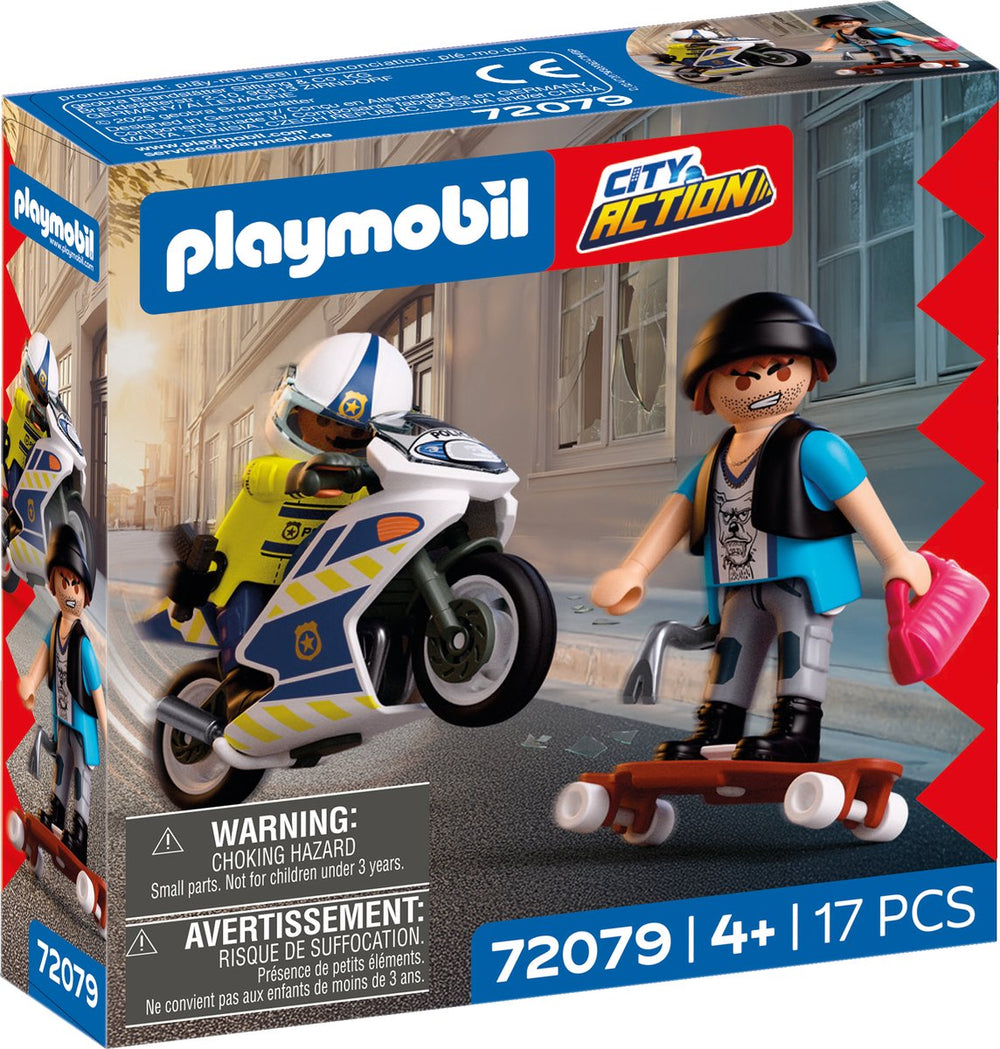 Playmobil city action politie motorachtervolging | politieagent achtervolgt dief op longboard | stimuleert creativiteit | kinderspeelgoed voor kinderen vanaf 4 jaar | 72079