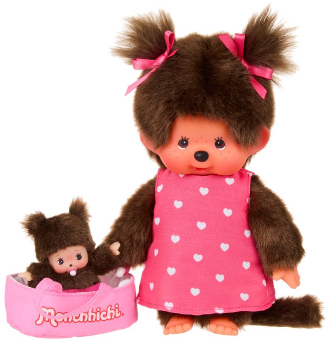 Monchhichi | 20 cm met minibebichhichi in draagmandje