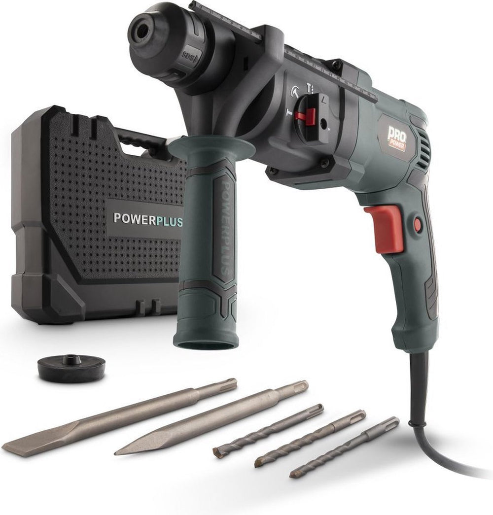 Powerplus elektrische klopboormachine powp3010 - 4 in 1: boren hamerboren beitelen en beitelrotatie, 800 w boormachine, 4 j, sds-plus, 5 accessoires