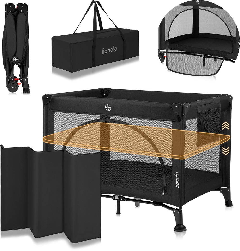 Lionelo laura - compact 3 in 1 campingbedje, box babybed - lichtgewicht - 2 hoogtes - wielen met rem - gaas zijpanelen peuter ingang - inclusief draagtas opbergzak - reisbedje