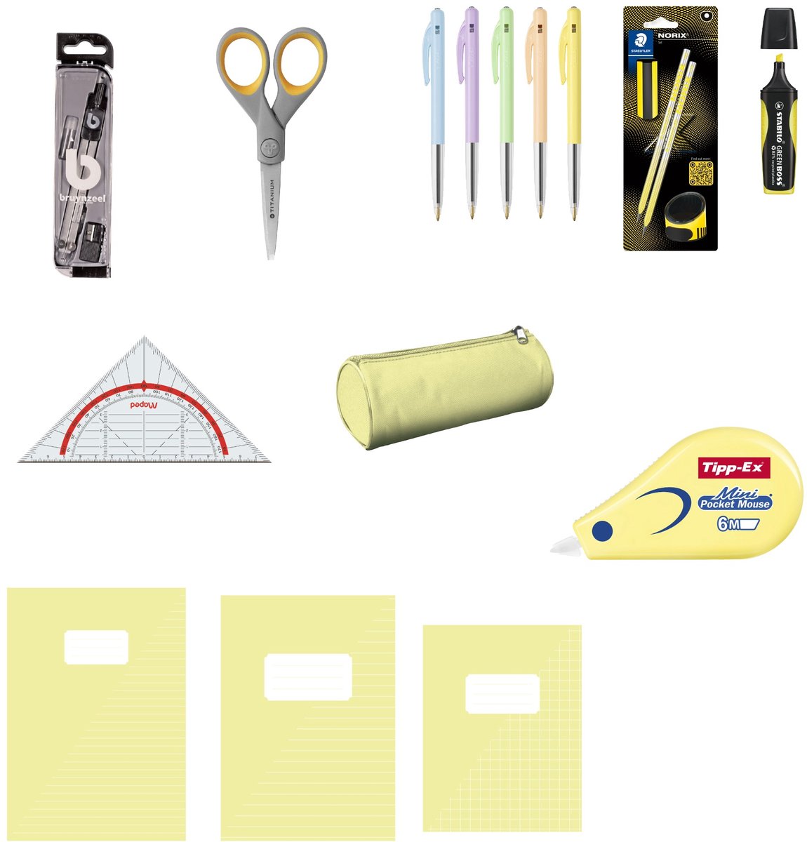 Diverse merken back to school - complete schoolset - schriften a4 a5, etui, schrijfwaren en geometrieset - pastel geel