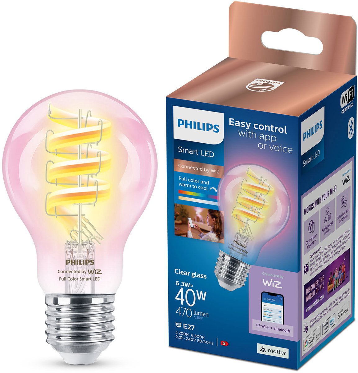 Philips led philips smart led lamp filament - slimme led-verlichting - gekleurd en wit licht - e27 - transparant - 40w - wi-fi