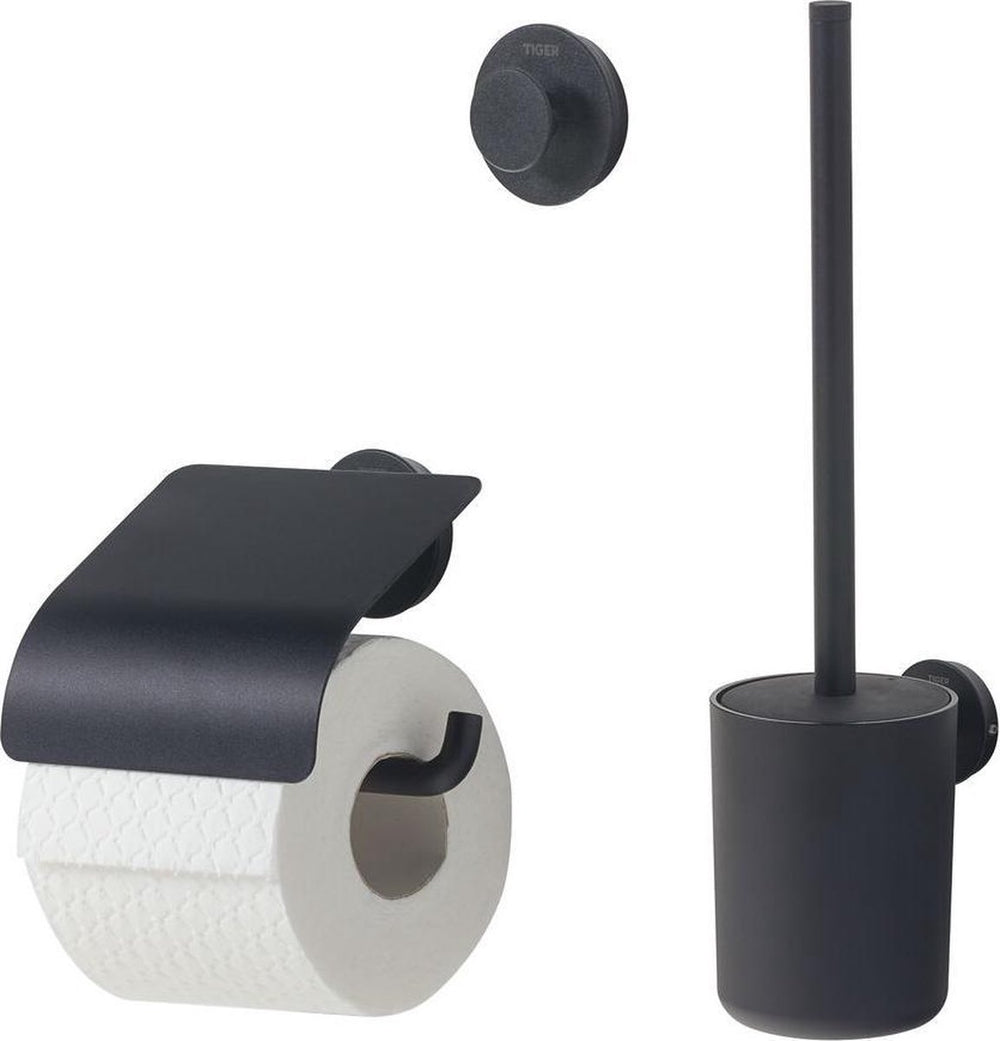 Tiger urban toiletaccessoireset - toiletborstel met houder - toiletrolhouder met klep - handdoekhaak - zwart