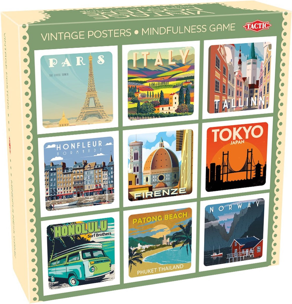 Tactic memo vintage posters mindfulness - memospel voor volwassenen - zoek de juiste paren - retro reisposters en rustgevende illustraties - 2 tot 6 spelers - vanaf 14 jaar