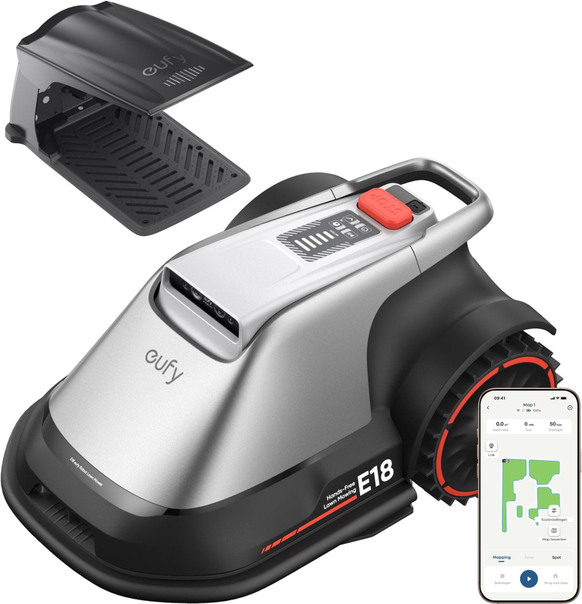 Eufy robotgrasmaaier e18 - draadloos - zonder rtk - geen signaalproblemen - 5 minuten-setup - automatische mapping tot 1200 m2 - obstakelvermijding - ride-on edge - bediening via app - met regenkap