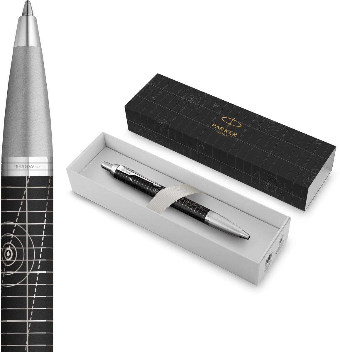 Parker im premium balpen | legacy of flight collectie | chroomafwerking | medium punt met blauwe inktvulling | geschenkdoos