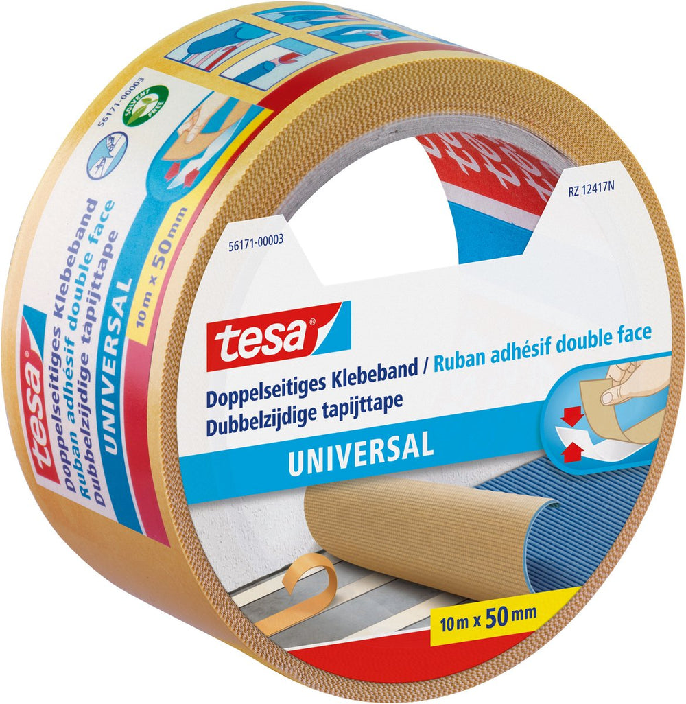 Tesa dubbelzijdig plakband universeel - veelzijdig plakband voor verpakking, decoratie en tapijten of voor handwerk - 10 m x 50 mm