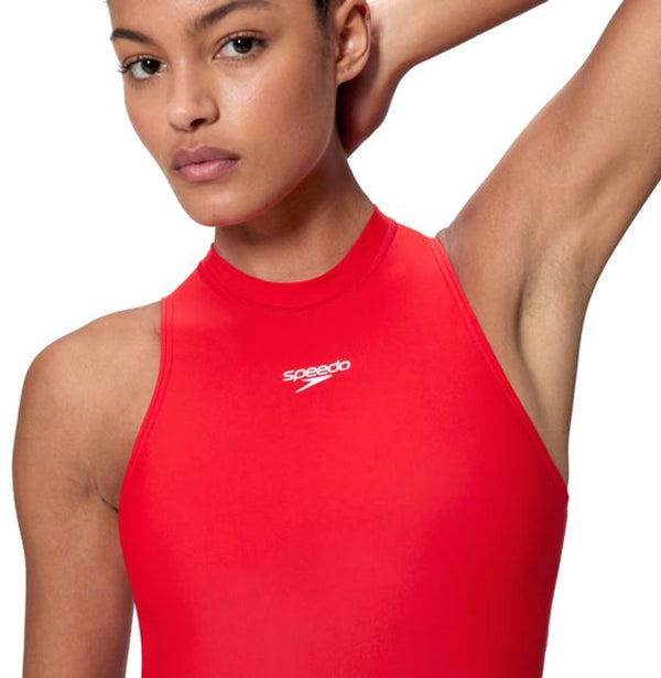 Speedo endurance+ hydrasuit dames sportbadpak - badpak dames met hoge bedekking - zwempak dames met borstvoering - sportbadpak dames met ritssluiting - rood - 40