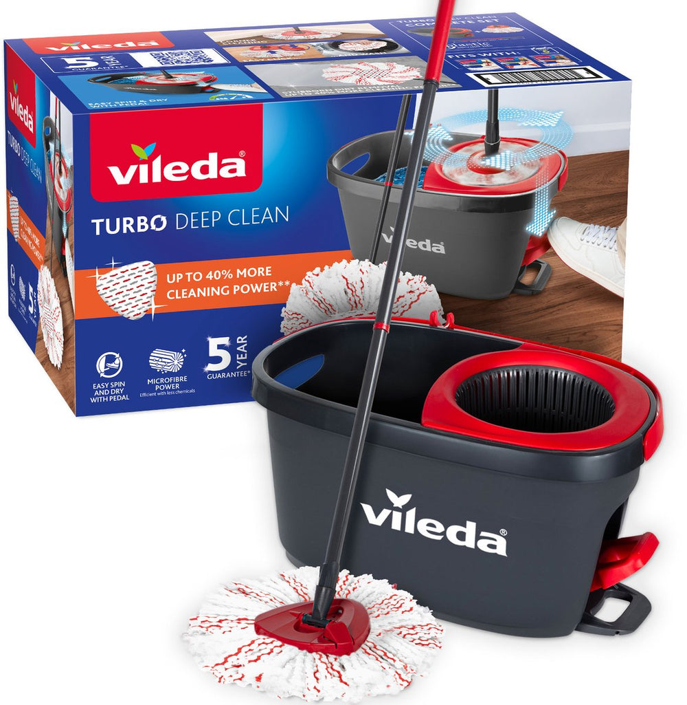 Vileda turbo deep clean dweilsysteem - complete mopset met emmer en pedaalpers - telescopische steel 65–131 cm – krachtige microvezelmop