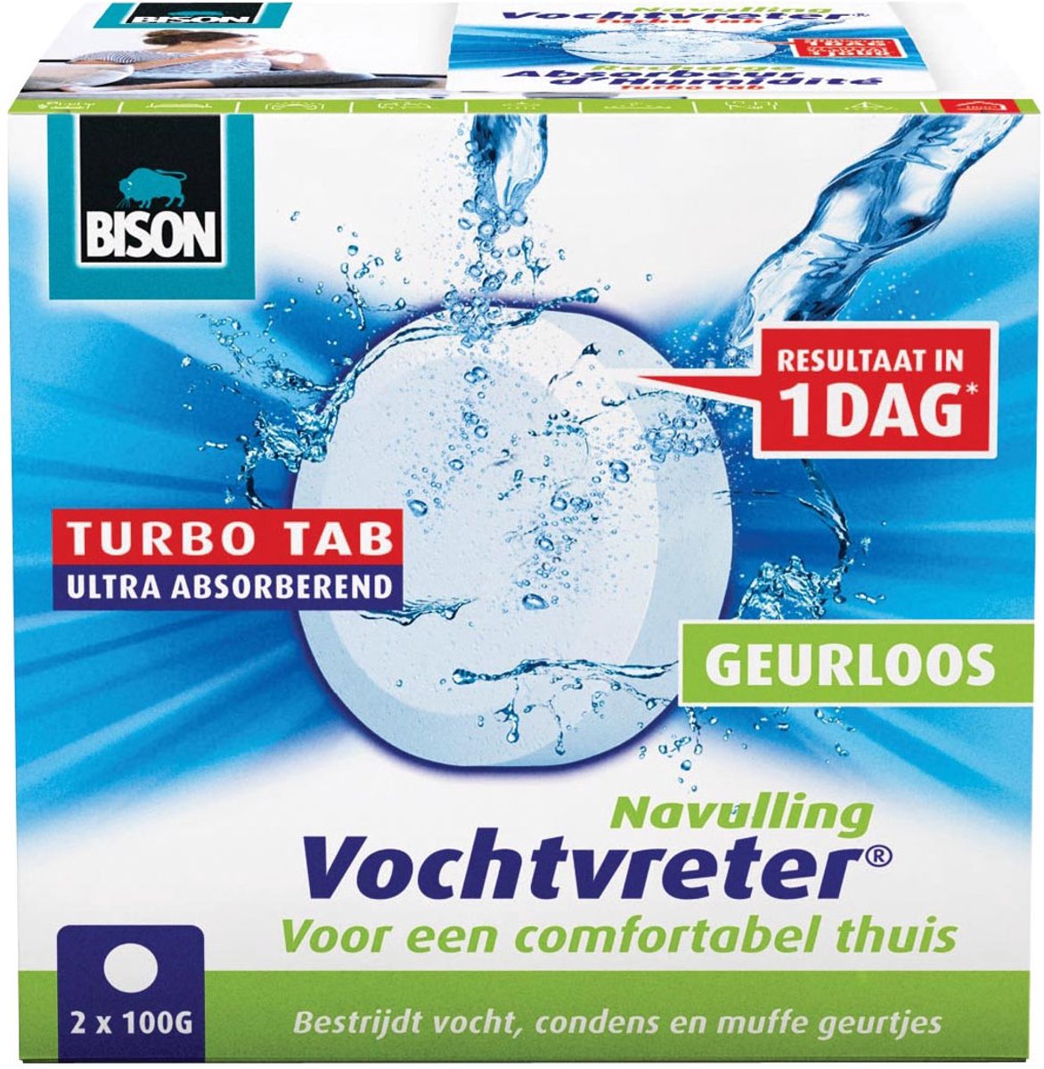 Bison vochtvreter® navultablet 2x 100 g, luchtontvochtiger, geschikt voor vochtvreter® ambiance, bestrijd hoge luchtvochtigheid, geen batterij nodig, ook geschikt voor caravans en campers