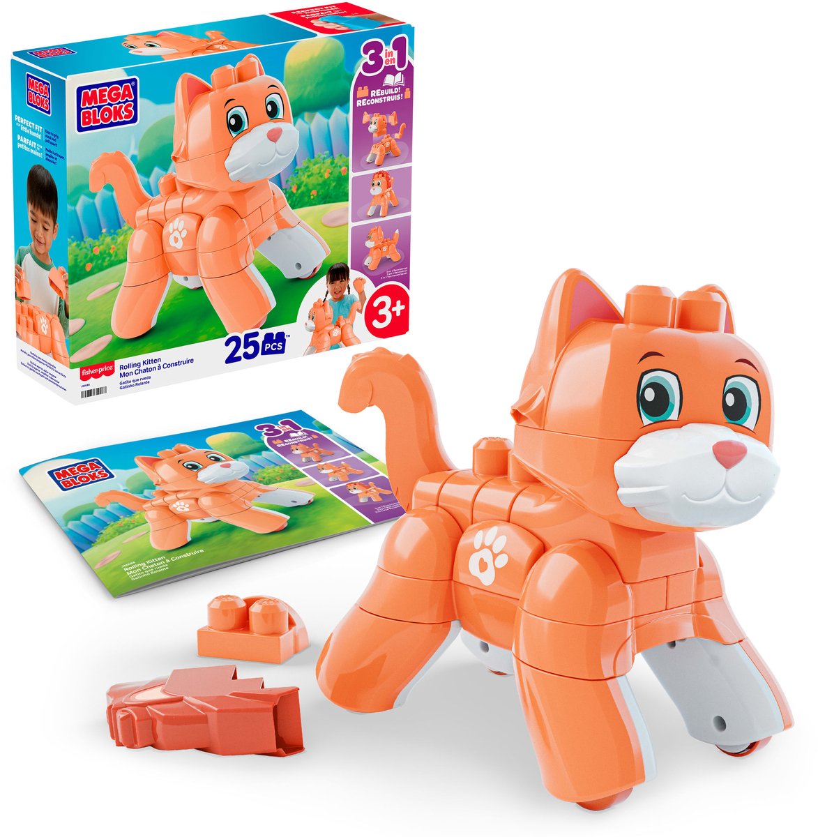 Mega bloks fisher-price - speelgoedblokken rollende kitten met draaiende wieltjes - 25 stukjes