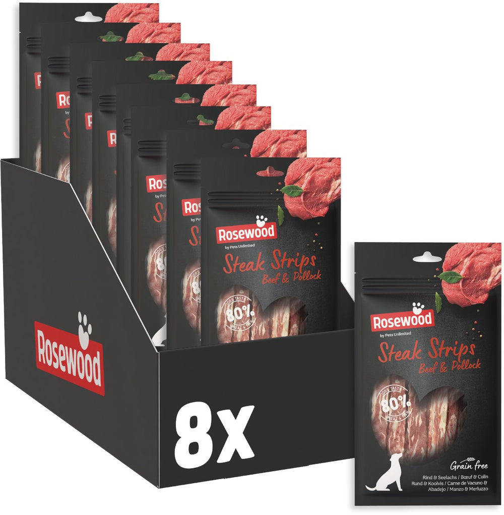 Rosewood steak strips rund koolvis - hondensnack - zacht vetarm - hoog vlees- en visgehalte - zonder kunstmatige toevoegingen - 8 zakjes à 100g