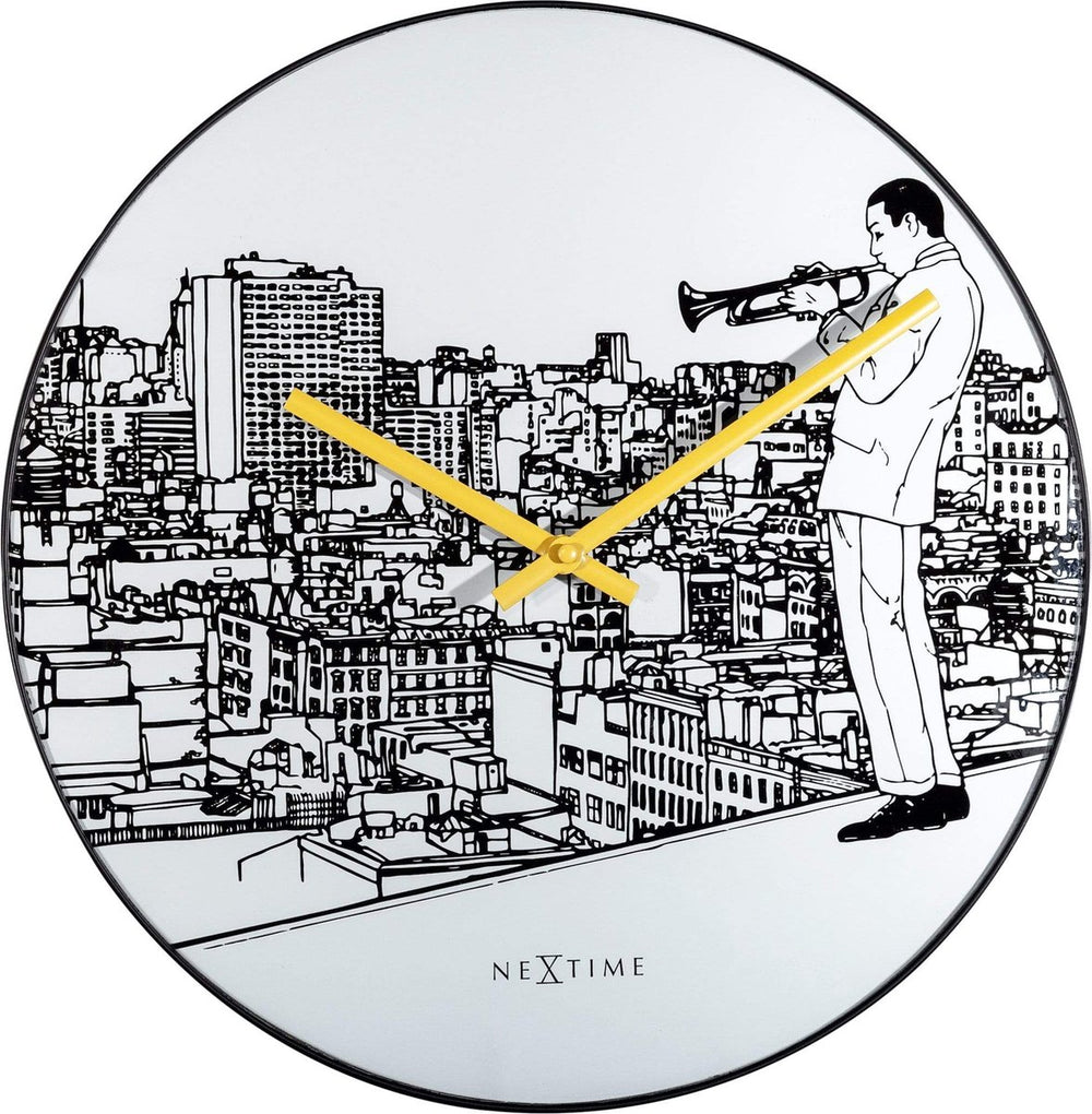 Nextime trumpet city – stille wandklok – 40 cm – glas metaal – wit