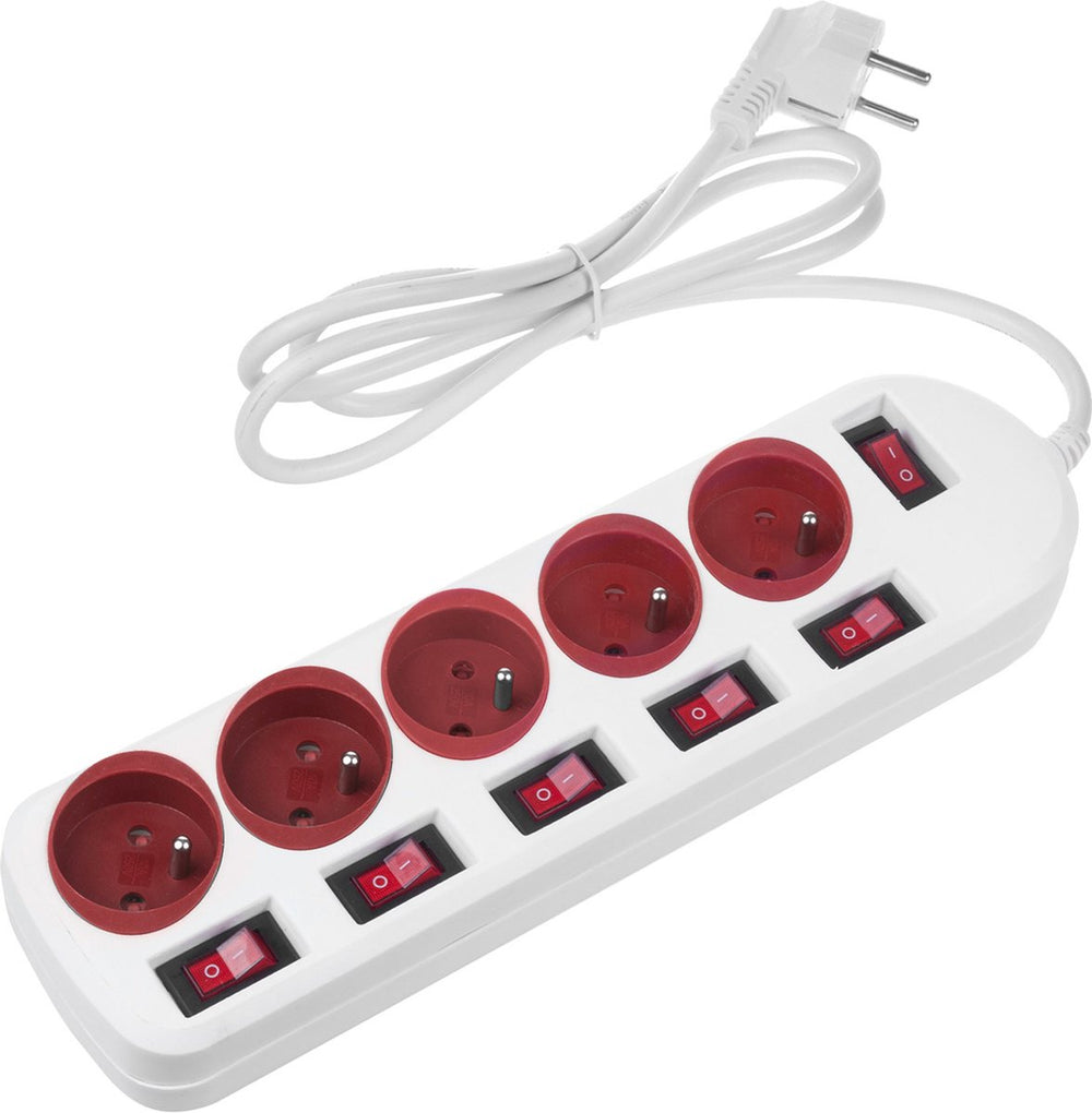 Maclean - stekkerdoos met schakelaars - 5-polige verlengkabel - 250vac 10a | 1,5m - wit