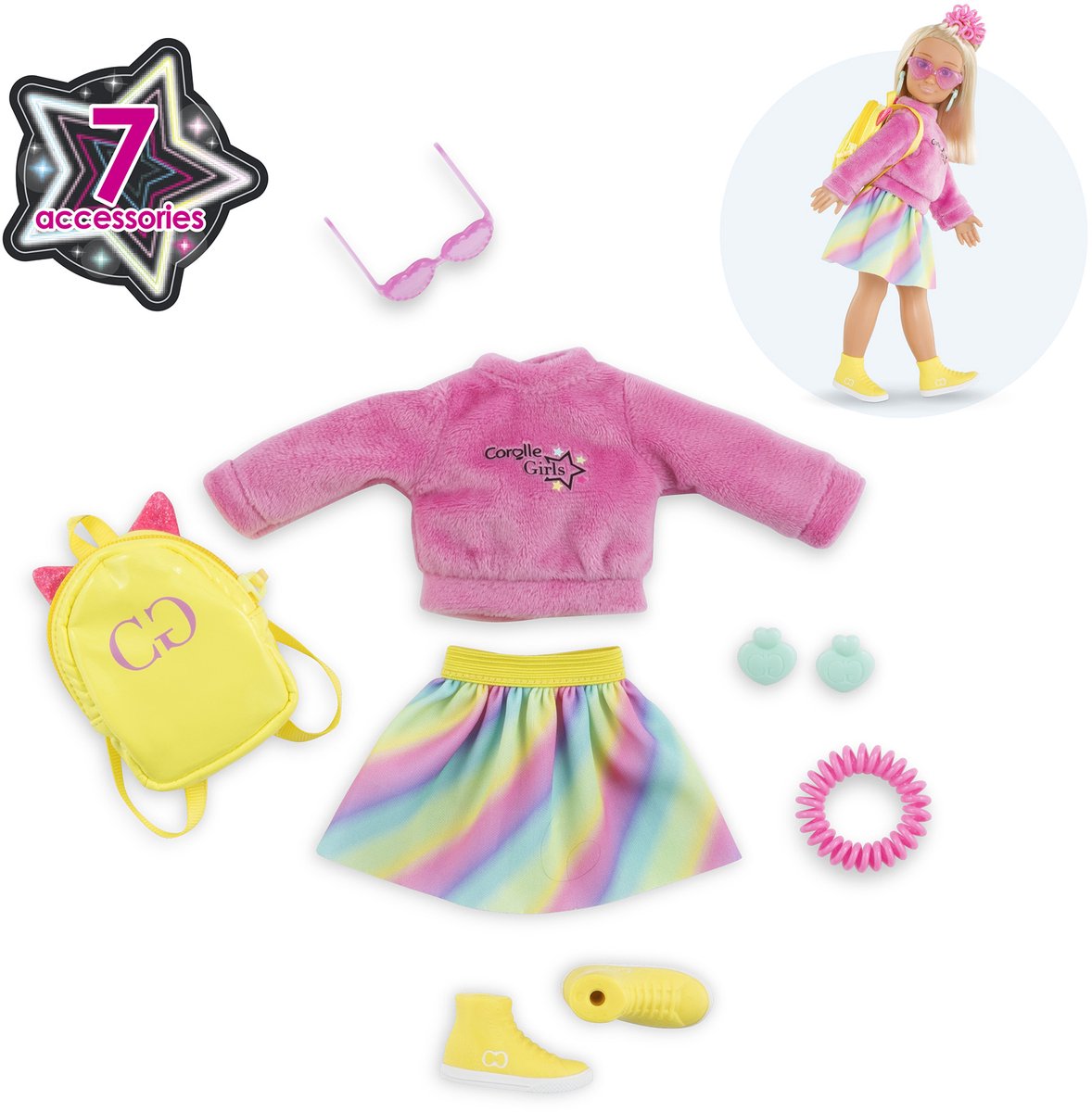 Corolle poppenkleertjes fluo set - kleurrijke dressing room accessoires.