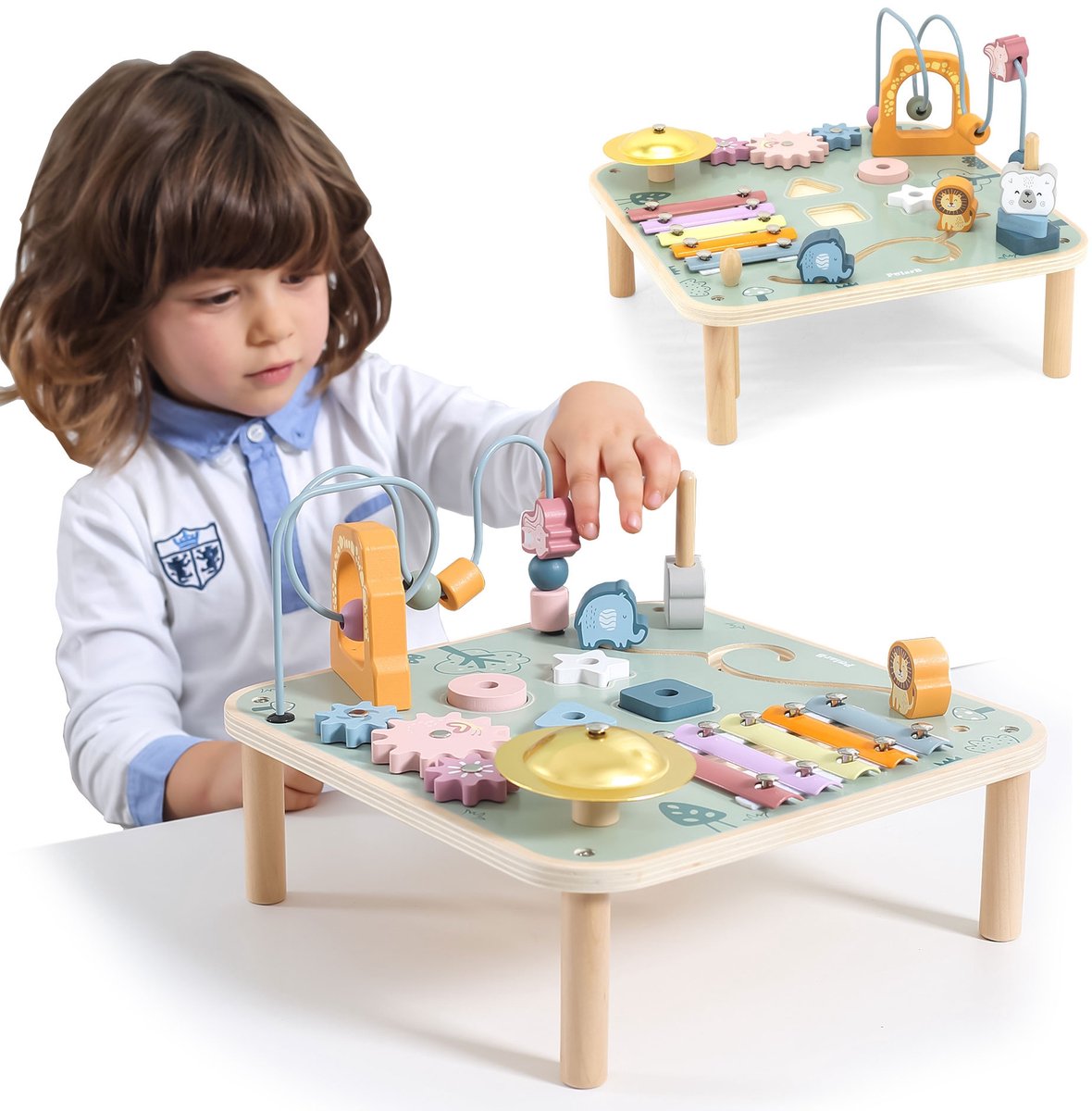 Polarb houten activiteitentafel baby - multifunctionele speeltafel met vormenstoof, kralenbaan, tandwielen en muziekinstrumenten - educatief speelgoed vanaf 18 maanden