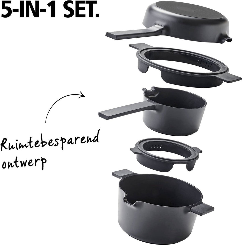 Brabantia compact all-in-one-set – stapelbare 5-delige pannenset camping - 22cm kookpan – 22cm koekenpan- 16cm steelpan- trendy design-stapelbaar - 100% pfas-vrij – 100% gerecycleerd - anti-aanbaklaag- aluminium- - incl. onderzetters - zwart