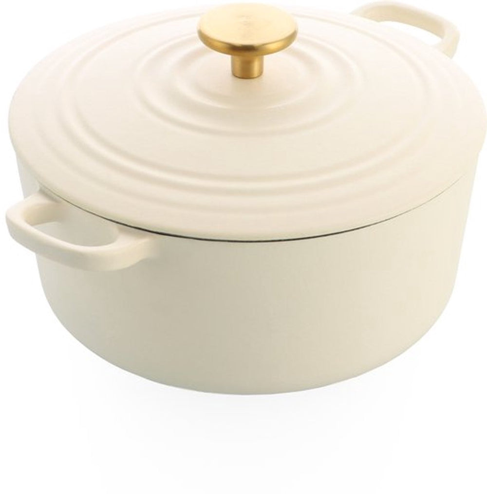 Bk bourgogne braadpan gietijzer 24cm 4.2l - inductie braadpan - gietijzeren braadpan - ovenbestendig tot 230 graden - deksel met druipringen - wit geëmailleerde binnenkant - cream white