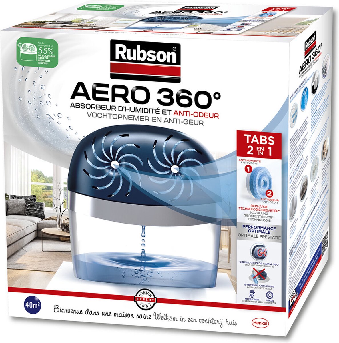 Rubson vochtopnemer aero360 toestel 40m2 | luchtontvochtiger toestel | vochtvanger badkamer | binnenhuis badkamer