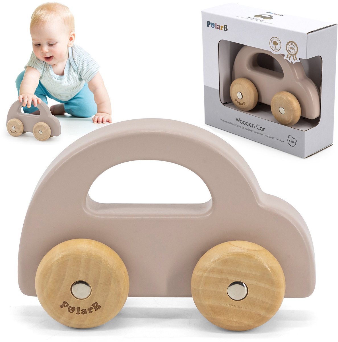 Polarb - houten pastelkleurig - speelgoedauto, voor baby's en peuters