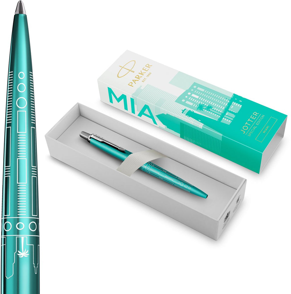 Parker jotter balpen | special edition | miami turquoise met verchroomd detail | medium penpunt | blauwe inkt | geschenkverpakking