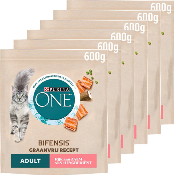 Purina one graanvrij adult - kattenbrokjes - zalm - 6 x 600 g