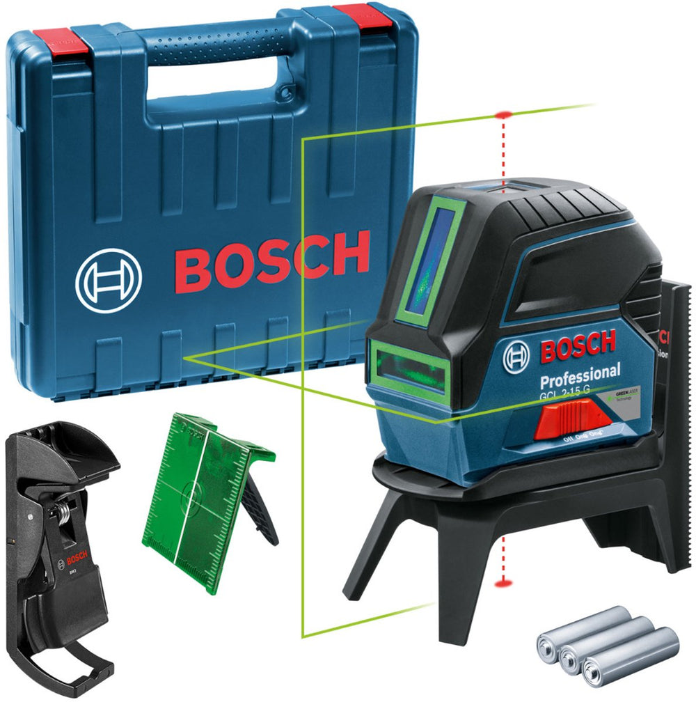 Bosch combilaser gcl 2-15 g (rm 1 + 3x 1.5v aa batterijen + richtplaat + klem bm3)